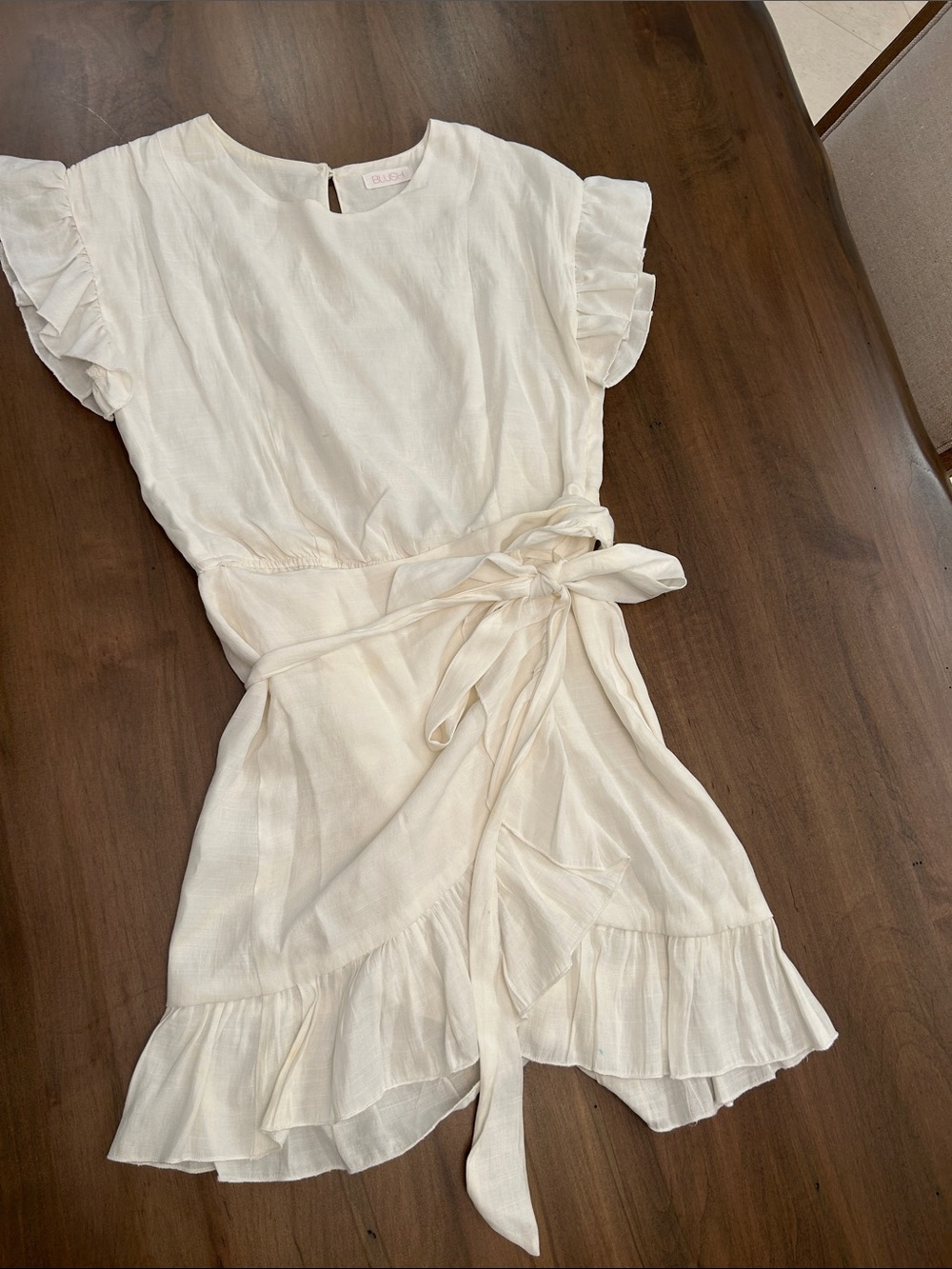 Blush Cream Wrap Dress with Ruffle Sleeves